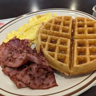 Belgian Waffle, Turkey Bacon, Scrambled Eggs