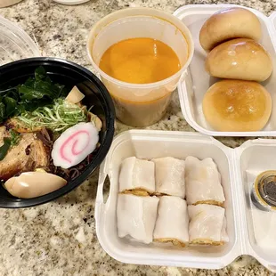 Tan Tan Ramen$16.50, Baked Roast Pork Bun ( 3 )$9, Chinese Donut with Flat Noodle ( 3 Roll )$7.50-wasn&apos;t 3 roll, probably just 1!