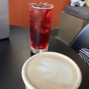 Cafe au lait, and iced hibiscus berry tea