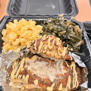 Stuffed salmon, collard green with Mac and cheese
