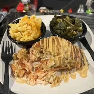Crab stuffed Salmon w/Mac N Cheese &amp; Greens.