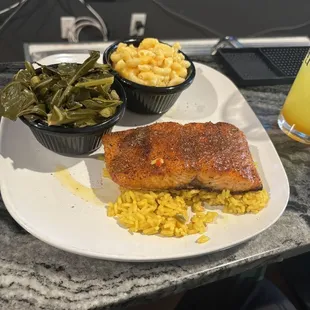 Old Bay Salmon w/ Honey w/Mac N Cheese &amp; Greens