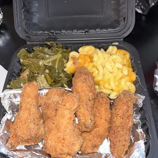 Fried chicken, collard greens and mac and cheese.