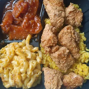 Salmon bites, rice, yam, mac n cheese