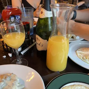 a plate of food and a glass of orange juice