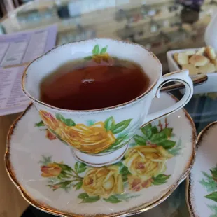 Beautiful china and the tea pot has three cups of tea's worth. I drank two before moving on.