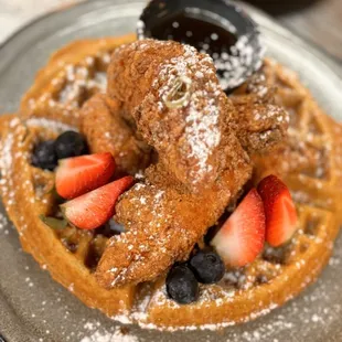 Belgian chicken and waffles with fresh fruit