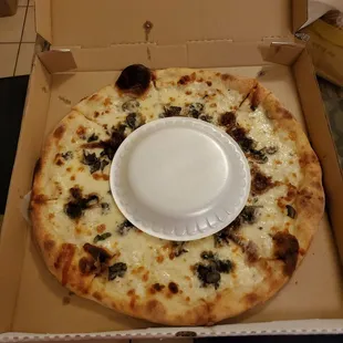 I put the regular sized styrofoam plate on the pizza as a reference.