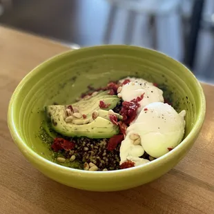 Savory Breakfast Bowl - soft boiled eggs, quinoa, avocado, pesto, sun-dried tomato, hemp seeds, pine nuts