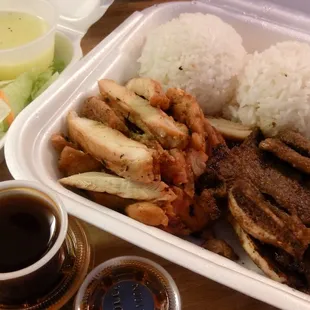 Rib &amp; Chicken Combo with extra teriyaki sauce, iceberg salad (slivers of carrot) with creamy citrus poppy dressing.