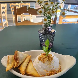 Fries banana and coconut ice cream dessert.