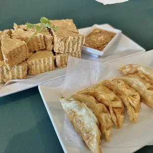 Fried tofu and house-made potstickers