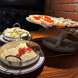 Alfred's Noodles, cesar salad, half Pepperoni pizza