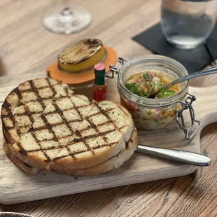 Shrimp and lobster jar, sourdough bread
