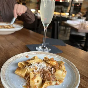 Delish pasta and drinks.