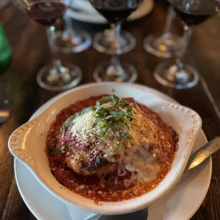 The Lasagna with a flight of red wine