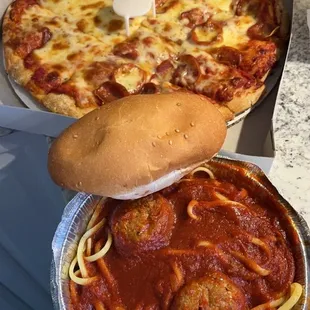 Medium half cheese half pep. Spaghetti &amp; meatballs