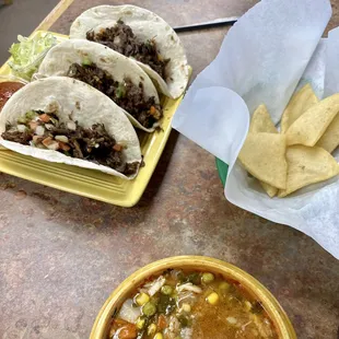 tacos, delicious complimentary soup and the most unique chips!