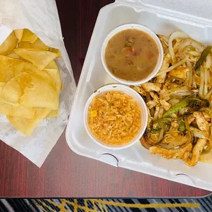 Chips Queso &amp; Salsa Chicken Fajitas with Spanish rice and beans