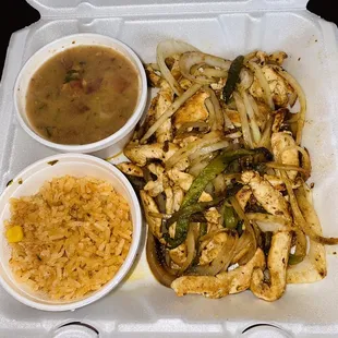 Chicken Fajitas  Side of Spanish rice and beans $14.95