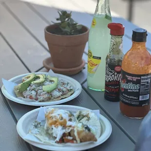 Shrimp taco and ceviche tostada