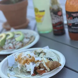 Shrimp taco, ceviche tostada and Topo lemonade!