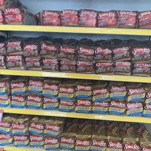 a shelf of bread