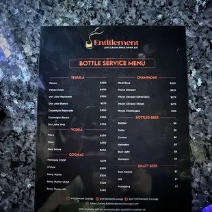 Bottle service menu and pricing