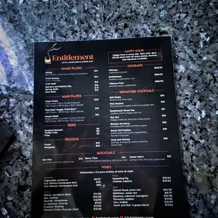 Food and cocktail menu