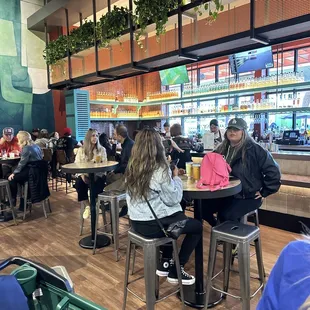 people sitting at tables in a restaurant
