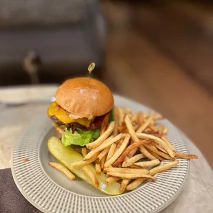 a burger and fries