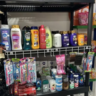 a shelf full of cleaning products