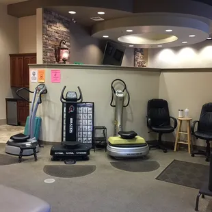 Vibration plates and wobble boards are available  Physical Therapy area.