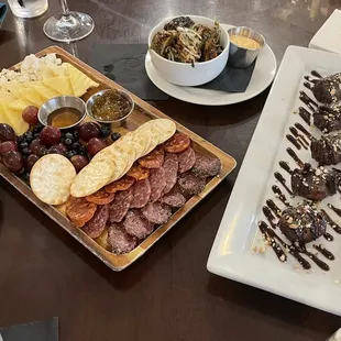 Charcuterie Board, Brussel Sprouts, Bacon Wrapped Dates