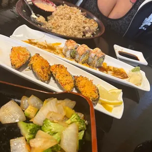 Enzo Fried Rice, sushi roll, Baked Mussels, hibachi