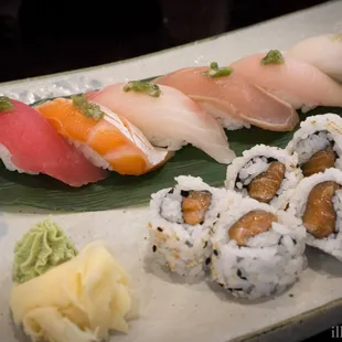 Lunch special; Chef&apos;s choice nigiri and salmon skin rolls.