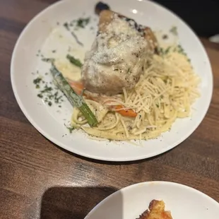 Roasted chicken lunch and fettuccine Alfredo