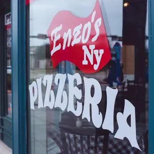 a sign in the window