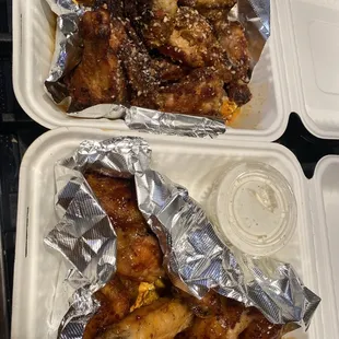 Spicy garlic parm and Hot honey glaze Wings