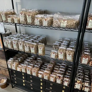a shelf full of food items