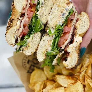 Turkey club on an everything bagel.