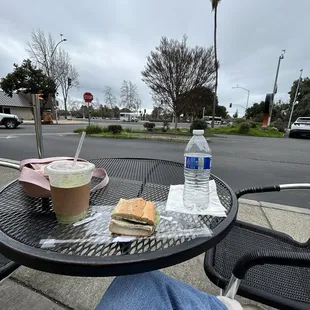 Veggie sandwich, Iced Matcha Latte outside
