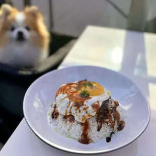 You Drive Me Loco Moco: Steamed rice, house blend beef patty, sunny egg, black garlic, the &quot;gravy&quot; | $24