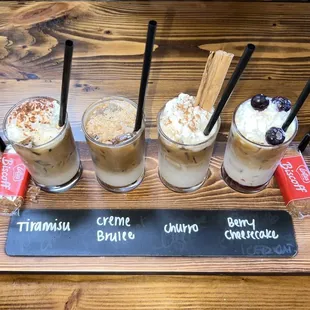 Speciality Coffee Flight: Tiramisu, Crème Brûlée, Churro, and Berry Cheesecake