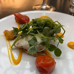 Sablefish, tomato, Parmesan crisp, aji amarillo