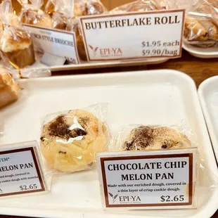 Chocolate chip melón pan and butter flake roll