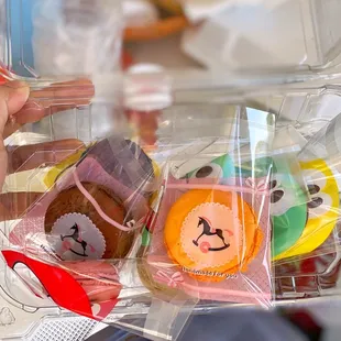 a person holding a plastic container filled with cookies