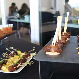 Beef bacon wrapped dates w/ chipotle aoli &amp; Turkey Yakitori w/ honey and soy glaze