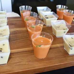 Cauliflower coconut soup and Peach and Tomato gazpacho and micro basil.
