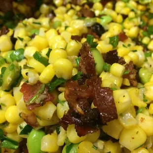 Charred corn and edamame salad house smoked beef bacon